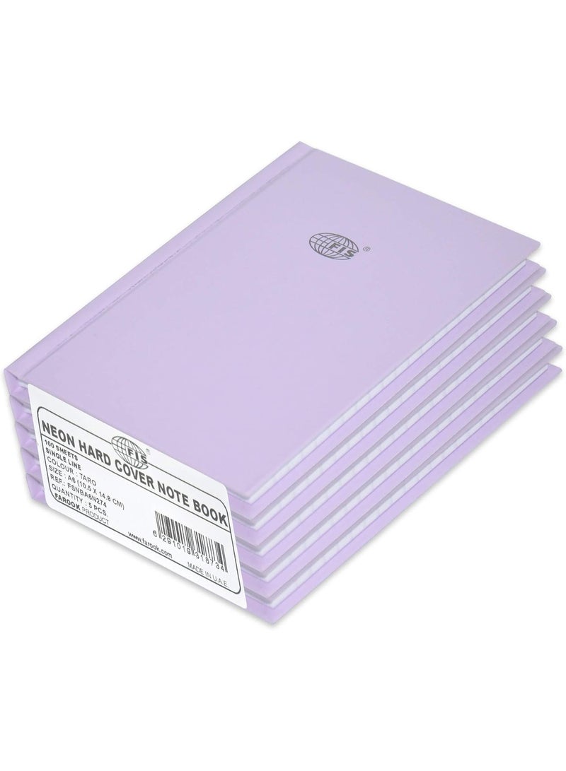 FIS 5-Piece Neon Hard Cover Note Book, 100 Sheets, Single Line, A6 Size, Taro Colour - FSNBA6N274 - Image 1